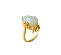 S925 Silber vergoldeter natürlicher Hetian White Jade DREI-Münzen-Pixiu-Ring (verstellbare Öffnung) für Damen. Echt