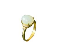 S925 Silber vergoldeter ovaler Ring aus natürlicher weißer Hetian-Jade (verstellbare Öffnung) 7 für echte Damen