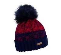 SABBOT Schöne Damen Mütze mit Pelzbommel, Fleece-Futter, Wintermütze, Strickmuster mit Zöpfen, Warme Kappe mit Kragen, Ombré-Effekt (Dunkelblau/Rot)