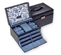 Sacher Schmuckkoffer Schmuckkasten FLORAGE Leder blau Schloss Schubladen