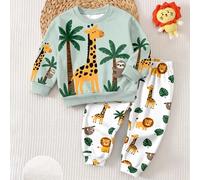 Säugling Kleinkind Rundhals Lässig Langarm Sweatshirt & Jogginghose Bequemes Set, Klassisch Niedlich Cartoon Handgezeichnet Giraffe, Löwe, Faultier, B