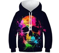 SAFGTXHTR Unisex Kinder Totenkopf Hoodie 3D Lustig GedrucKt Kapuzenpullover Langarm Pullover Hoodies Personalisierte Sweatshirt Für Jungen Mädchen Mit Tasche Alter 6-15