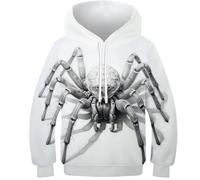 SAFGTXHTR Unisex Kinder White Spinne Hoodie 3D Lustig GedrucKt Kapuzenpullover Langarm Kapuzenpulli Leichte Sweatshirt Für Jungen Mädchen Mit Tasche Für 6-15 Jahre