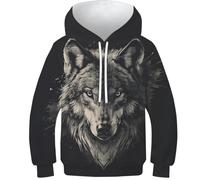 SAFGTXHTR Unisex Kinder Wolf Hoodie 3D Lustig GedrucKt Kapuzenpullover Langarm Pullover Hoodies Leichte Sweatshirt Für Jungen Mädchen Mit Tasche Für 6-15 Jahre