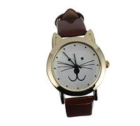 SAFIGLE Damenarmbanduhr Quarzuhr mit Katzenmotiv Modische Analoge Armbanduhr aus Leder Braunes Armband Schlichte Uhr für Alltag und Geschenk