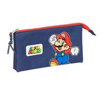 Super Mario World Federmäppchen mit DREI Fächern, für Kinder, ideal für Kinder im Schulalter, bequem und vielseitig, Qualität und Widerstandsfähigkeit, 22 x 3 x 12 cm, Marineblau, Marineblau,