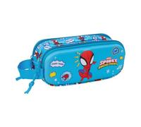 Safta - Doppel-Schultasche 3D Spidey, Schulmäppchen für Kinder mit zwei Fächern und Reißverschlüssen, seitlicher Griff, 3D-Relief-Design, Maße 21 x 6 x 8 cm, Schulmäppchen mit 2 Fächern
