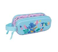 Safta - Doppel-Schultasche 3D Stitch, Schulmäppchen für Kinder mit zwei separaten Fächern und Reißverschlüssen, seitlicher Handgriff, Maße 21 x 6 x 8 cm, Schulmäppchen mit 2 Fächern