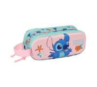 Safta - Doppeltes Federmäppchen für die Schule von Disney Stitch, mit zwei separaten Fächern, doppeltem Reißverschluss, seitlichem Griff, Maße 21 x 6 x 8 cm, Schulmäppchen mit 2 Fächern