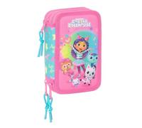 safta Federmappe gefüllt Gabby’s Confetti, 3 Fächer, 37 Teile | Maße 12,5 x 5,5 x 19,5 cm, Rosa und Türkis, Polyester, inkl. Filzstiften und Buntstiften, DreamWorks-Lizenz