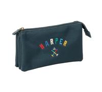 safta Federtasche Harper & Neyer, 3 Fächer, Innenfach | Maße 22 x 3 x 12 cm, 135 g, Marineblau, Polyester in Segeltuch-Optik, aufgestickter Schriftzug, für Schulstart