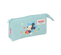 safta Federtasche Mickey Mouse Baby Sterne, 3 Fächer, Innenfach | Maße 22 x 3 x 12 cm, 90 g, Pastellblau mit bunten Motiven, Band zum Aufhängen am Schultisch, für Vorschule, Disney-Lizenz