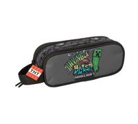 safta Federtasche Minecraft Graffiti, 2 Fächer, Handschlaufe | Maße 21 x 6 x 8 cm, 94 g, Dunkelgrau mit grünem Creeper-Motiv, für Schulstart, dekorativer TNT-Anhänger