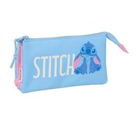 safta Federtasche Stitch Hawaii, 3 Fächer, Innenfach | Maße 22 x 3 x 12 cm, Himmelblau mit Rosa, gut sichtbare Anhänger, für Grundschule und Nachmittagsaktivitäten, Disney-Lizenz