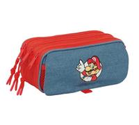 safta Federtasche Super Mario Big, 3 Fächer, Klettlasche | Maße 21,5 x 8 x 10 cm, 180 g, Blau in Denim-Optik mit Rot, Polyester, für Nachmittagsaktivitäten, seitlicher Netzeinsatz