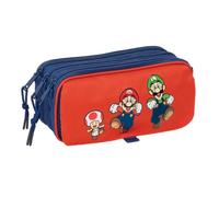 safta Federtasche Super Mario Bros, 3 Fächer, Netz-Vortasche | Maße 21,5 x 8 x 10 cm, 166 g, Marineblau mit Rot und Orange, für Unterricht, Nintendo-Lizenz, obere Lasche zum Fixieren