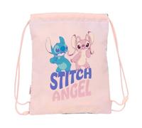 safta | Flacher Turnbeutel Junior Stitch Ohana, Schulrucksack mit Kordeln, Innentasche mit Reißverschluss, Sicherheitsverschluss mit Strangulationsschutz, rosa und blau, Maße: 26 x 1 x 34 cm
