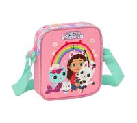safta | Gabby’s Dollhouse Kinder-Schultertasche, Schultasche mit verstellbarem Riemen, Reißverschluss und Zuglasche, rosa Design mit Regenbogen und Figuren, Schulanfang, Maße: 16 x 4 x 18 cm