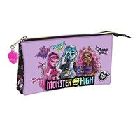 Safta Monster HIGH - Dreifach-Federmäppchen, für Kinder, ideal für Kinder im Schulalter, bequem und vielseitig, Qualität und Strapazierfähigkeit, 22 x 3 x 12 cm, Schwarz, Schwarz, Estándar, Lässig