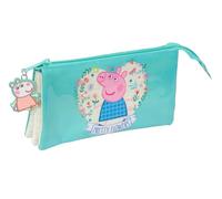 PEPPA PIG PRETTY FLOWERS Federmäppchen, Dreifach-Federmäppchen für Kinder, ideal für Kinder im Schulalter, bequem und vielseitig, Qualität und Widerstandsfähigkeit, 22 x 3 x 12 cm, Minzgrün /