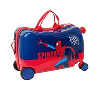 safta | Spider-Man Ride-On-Kinderkoffer, ABS+PC, 4 Doppelrollen, gefütterter Innenraum mit Trennwand und elastischen Haltegurten, Schultergurt und Vorhängeschlossösen, Maße: 44 x 21 x 27 cm