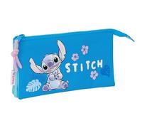 Safta Stitch Hawaii Federmäppchen mit DREI Fächern, für Kinder, ideal für Kinder im Schulalter, bequem und vielseitig, Qualität und Widerstandsfähigkeit, 22 x 3 x 12 cm, Blau, blau, Estándar, Lässig
