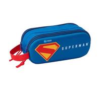 Safta Superman 3D Doppel-Schultasche mit Relief, Schulmäppchen für Kinder mit zwei Fächern und Reißverschlüssen, seitlicher Handgriff, Maße 21 x 6 x 8 cm, Schulmäppchen mit 2 Fächern