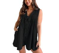 SaiDeng Damen Denim Latzhose - Ärmelloser Stretch Jeans-Jumpsuit mit V-Ausschnitt & Taschen - Lässiger Kurzarm-Shorts Overall aus Baumwolle im Oversize Baggy Look