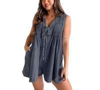 SaiDeng Damen Denim Latzhose - Ärmelloser Stretch Jeans-Jumpsuit mit V-Ausschnitt & Taschen - Lässiger Kurzarm-Shorts Overall aus Baumwolle im Oversize Baggy Look