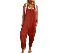 SaiDeng Damen Latzhose Jumpsuit mit weitem Bein - Verstellbare Träger, Baumwoll-Leinen Overall mit Taschen im lässigen Workwear-Stil