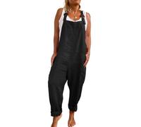 SaiDeng Damen Latzhose Jumpsuit mit weitem Bein - Verstellbare Träger, Baumwoll-Leinen Overall mit Taschen im lässigen Workwear-Stil