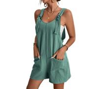 SaiDeng Damen Sommer Kurze Latzhose - Ärmelloser Baumwoll-Leinen Jumpsuit mit Taschen - Lässiger Einteiler Overall Shorts mit Trägern für Alltag & Urlaub