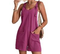 SaiDeng Damen Sommer Kurze Latzhose - Ärmelloser Baumwoll-Leinen Jumpsuit mit Taschen - Lässiger Einteiler Overall Shorts mit Trägern für Alltag & Urlaub