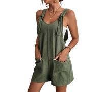 SaiDeng Damen Sommer Kurze Latzhose - Ärmelloser Baumwoll-Leinen Jumpsuit mit Taschen - Lässiger Einteiler Overall Shorts mit Trägern für Alltag & Urlaub