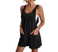 SaiDeng Damen Sommer Kurze Latzhose - Ärmelloser Baumwoll-Leinen Jumpsuit mit Taschen - Lässiger Einteiler Overall Shorts mit Trägern für Alltag & Urlaub