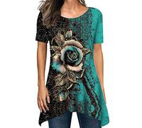 Saingace Damen Blumen Tunika für Leggings-Elegant Kurzarm Long Shirt Drucken Sommer Lang Bluse Übergröße Rundhals T-Shirts Lose Bequem Locker Tunika Tops Oversize Damenbluse
