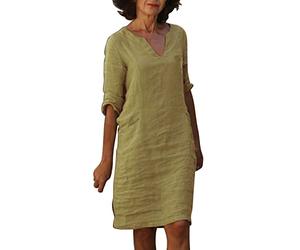 Saingace Leinenkleid Damen Sommer V-Ausschnitt Kurzarm Sommerkleid Damen Knielang Leinenkleider Baumwolle Blusenkleid Casual Drucken Freizeitkleid Strandkleider Boho Kleid A-Linie Kleid