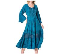 Sakkas 15223 - Mirabel Stonewashed Korsett Stil Floral Emboridery Kimono Ärmel Kleid - Türkis - 1X / 2X
