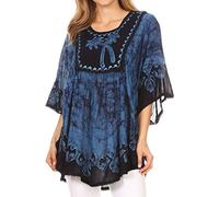 Sakkas 17030 - Lynda Two Tone Batik gestickter Palme Peasant Top/Poncho - Blau - OS