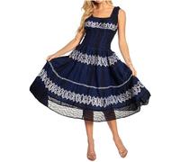 Sakkas 181476 - Alba Women's Off The Shoulder Smock Ruffle Midi Dress Tie Dye & Embroidery - 46-Navy - OS