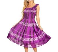 Sakkas 181476 - Alba Women's Off The Shoulder Smock Ruffle Midi Dress Tie Dye & Embroidery - 46-Purple - OS
