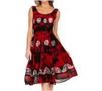 Sakkas 181476 - Alba Women's Off The Shoulder Smock Ruffle Midi Dress Tie Dye & Embroidery - 47-Red - OS