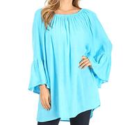Sakkas 2365 - Anna Casual Flowy Wide Neck 3/4 Hülse Light Sommer Boho Bluse Top - Türkis - OS