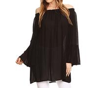Sakkas 2365 - Anna Lässig Flowy Weithals 3/4 Hülse Helle Sommer Boho-Bluse Top - Schwarz - OS