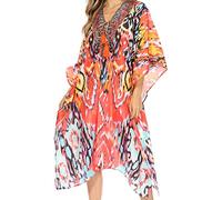 Sakkas P2 - Kristy Long Tall Leichtes Kaftan Kleid/Cover mit V-Ausschnitt Juwelen - 17113-OrangeMulti - OS