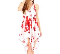 Sakkas TH2032 - Svana Damen V-Ausschnitt Spaghettibügel Blumendruck Sommer Casual Kurzes Kleid - W-Rot - OS