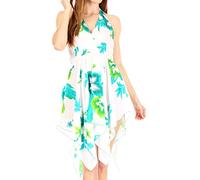 Sakkas TH2032 - Svana Damen V-Ausschnitt Spaghettibügel Blumendruck Sommer Casual Kurzes Kleid - W-Teal - OS