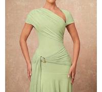 Salbeigrün asymmetrisch drapiertes gerafftes Maxi-Kleid mit Goldring-Dekor an der Taille, Urlaubsstil