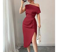 Salbeigrünes elegantes asymmetrisches Ausschnitt-Taille handgefertigtes gerafftes Satin-Kleid, geeignet für Dates, Geburtstagsfeiern, Hochzeitsgäste,