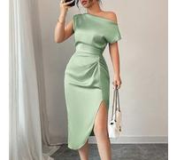 Salbeigrünes elegantes asymmetrisches Neckholder-Taille handgefertigtes gerafftes Satinkleid, geeignet für Dates, Geburtstagsfeiern, Hochzeiten, Homec